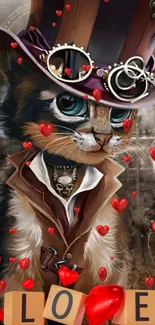 Steampunk cat with love hearts mobile wallpaper