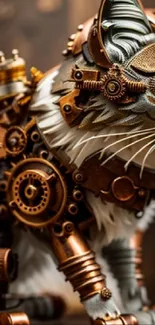 Steampunk cat with copper gears and mechanical details in a mobile wallpaper.