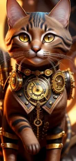 Steampunk cat with gears and vivid design, perfect for mobile screen.