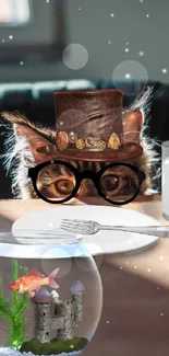 Whimsical steampunk cat with goggles and a fish bowl in a playful art scene.