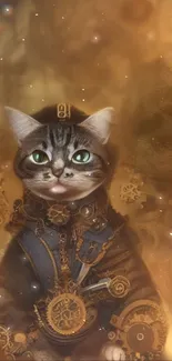 Steampunk cat art with gears and fantasy theme for wallpaper.