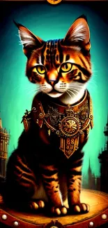 Steampunk cat with gears on teal wallpaper.