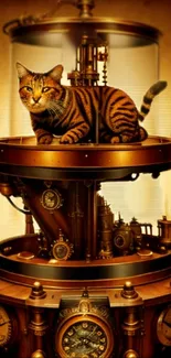 Steampunk cat rests on a mechanical apparatus in vintage style.