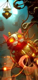 Steampunk robot cat with glowing eyes and intricate design in a sci-fi setting.