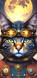 Steampunk cat with glowing eyes under moons in vibrant colors.