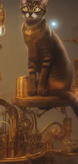 Steampunk cat sitting in a metallic, mechanical setting with glowing lights.