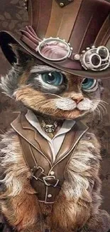 Steampunk cat illustration with intricate design and earthy brown tones.