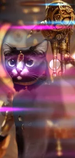 Steampunk cat with neon lights and mechanical background.