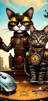 Steampunk cats with mechanical attire and accessories in a whimsical setting.