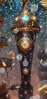 Steampunk tower with glowing clocks and festive confetti on a mobile wallpaper.