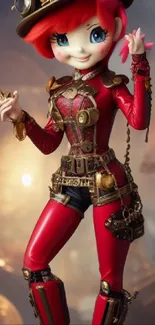 Steampunk character with red hair and outfit, set as mobile wallpaper.