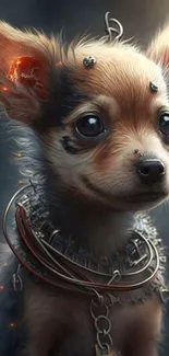 Steampunk Chihuahua with metal accessories in fantasy art style.