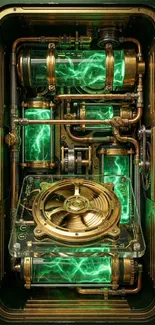 Steampunk mechanical circuitry with green glow.