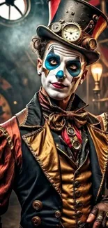 Steampunk circus clown in vibrant colors and classic attire, mobile wallpaper.