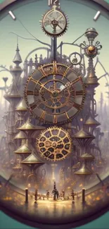 Steampunk city with large clock tower in futuristic design.