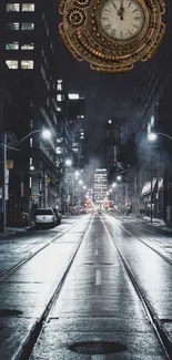 Steampunk clock above misty city street at night with glowing lights.