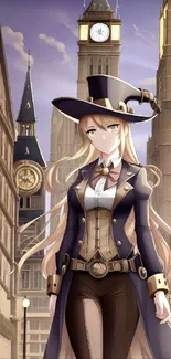 Anime character in steampunk city with clock towers.