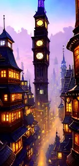 Steampunk cityscape at dusk with glowing towers and gothic architecture.