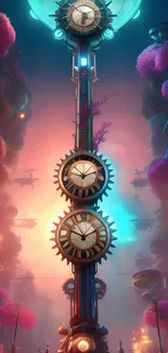 Steampunk cityscape with towering clock and vibrant colors.