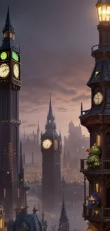 Steampunk fantasy cityscape with clocks and towers at dusk.