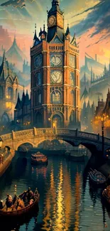 Steampunk fantasy cityscape with clock tower and river.