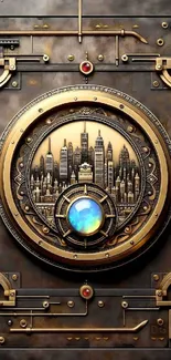 Steampunk cityscape with futuristic gear design and central orb.
