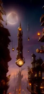 Steampunk cityscape at night with glowing lights and clock tower.