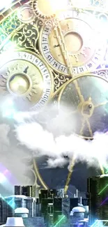Steampunk cityscape with balloon and clock.