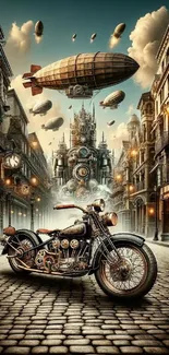 Steampunk cityscape with a vintage motorcycle and airships in the sky.