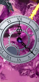 Steampunk clock with amethyst crystals and dragon design wallpaper.