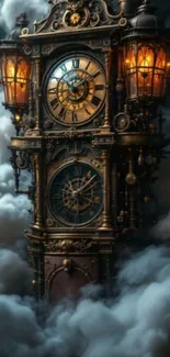 Steampunk-style clock tower surrounded by dense fog.