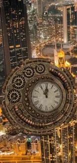 Steampunk clock overlay on a city nightscape wallpaper.