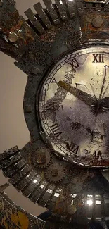 Steampunk clock face art with gears and mysterious facial design.