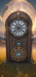 Steampunk clock with glowing gears in a fantasy landscape, perfect for mobile wallpaper.