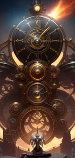 Steampunk clock tower with gears and cosmic fiery backdrop in fantasy art style.