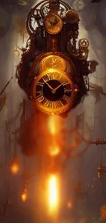 Steampunk clock with glowing orange in fantasy setting for mobile wallpaper.