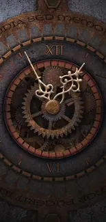 Steampunk clock with gears and Roman numerals in vintage design.