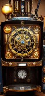 Steampunk phone wallpaper with gears and vintage clock design.