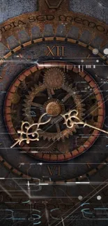 Steampunk clock wallpaper with gears and Roman numerals.