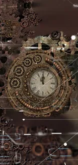 Steampunk clock and gears mobile wallpaper with vintage and industrial design.