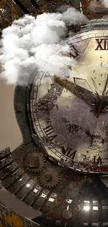 Steampunk clock wallpaper with clouds and gears in vintage design.