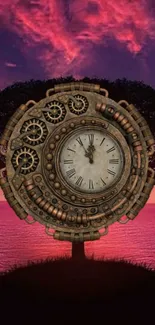 Steampunk clock with tree silhouette against a purple sunset sky.