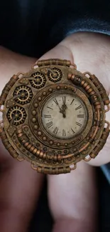 Steampunk clock with gears on a hand, vintage design.