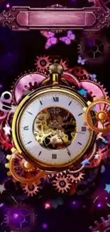 Steampunk clock with colorful gears on a purple fantasy background.