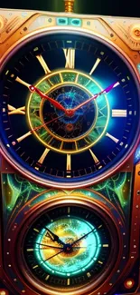 Steampunk clock with vibrant colors, ideal for phone wallpaper.