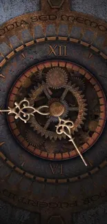 Steampunk clock with intricate gears on a rustic background.