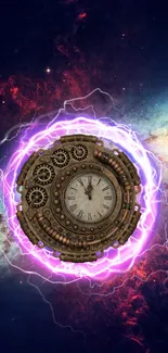 Steampunk clock surrounded by cosmic light with electric effects.