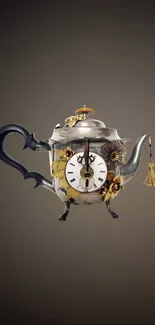 Steampunk teapot clock with intricate design on a brown background.