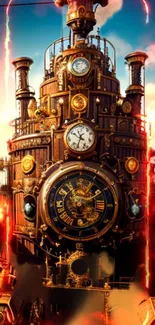 Steampunk clock tower with vivid colors and intricate details.