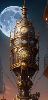 Steampunk clock tower under a full moon, creating a fantastical mobile wallpaper.